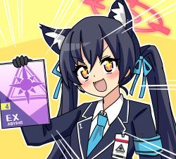 Rule 34 | + +, 1girl, animal ears, armband, black hair, blue archive, blush, book, cat ears, commentary request, fang, gloves, halo, id card, kotowa, looking at viewer, open mouth, portrait, red eyes, school uniform, serika (blue archive), simple background, solo, yellow background