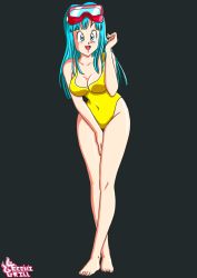 Rule 34 | 1girl, absurdres, artist name, artist request, barefoot, blue eyes, blue hair, breasts, cleavage, cowboy shot, dragon ball, dragonball z, female focus, full body, highleg, highleg swimsuit, highres, large breasts, long hair, looking at viewer, maron (dragon ball), matching hair/eyes, one-piece swimsuit, smile, solo, swimsuit, yellow one-piece swimsuit
