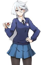 Rule 34 | 1girl, absurdres, ahoge, black necktie, black pantyhose, blue skirt, blue sweater, cosplay, cowboy shot, cup, darjeeling (girls und panzer), darjeeling (girls und panzer) (cosplay), dress shirt, emblem, girls und panzer, grey eyes, grey hair, gundam, gundam suisei no majo, hair between eyes, highres, holding, holding cup, long hair, long sleeves, looking at viewer, miniskirt, miorine rembran, necktie, omachi (slabco), pantyhose, pleated skirt, school uniform, shirt, simple background, skirt, smile, solo, st. gloriana&#039;s (emblem), st. gloriana&#039;s school uniform, suletta mercury, sweater, swept bangs, teacup, v-neck, white background, white shirt, wing collar