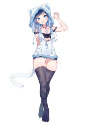 Rule 34 | 1girl, absurdres, animal ears, animal hood, bandeau, bare shoulders, black thighhighs, blue eyes, blue hair, blush, breasts, cat ears, cat hood, cat tail, cheli (kso1564), claw pose, collarbone, commentary request, crossed legs, fingernails, full body, fur-trimmed jacket, fur trim, grey nails, grin, hand up, head tilt, highres, hood, hood up, hooded jacket, jacket, jewelry, long fingernails, looking at viewer, medium breasts, mole, mole on neck, mole under mouth, nail polish, no shoes, original, pendant, sharp fingernails, simple background, smile, solo, standing, tail, thighhighs, watson cross, white background, white jacket