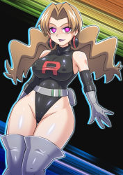 Rule 34 | 1girl, adapted costume, aged up, alternate breast size, alternate costume, black hair, black leotard, breast press, breasts, corruption, creatures (company), curvy, game freak, gen 1 pokemon, gloves, glowing, glowing eyes, hair ribbon, heavy breathing, highleg, highleg leotard, highres, jewelry, large breasts, latex, leotard, long hair, mind control, molly hale, nintendo, nipples, no0o0n0o0on, piercing, pink eyes, poke ball, pokemon, pokemon (anime), pokemon (classic anime), pokemon 3: the movie - spell of the unown: entei, revealing clothes, ribbon, shiny clothes, shiny skin, skin tight, smile, solo, team rocket, team rocket uniform, thighhighs, thighs, very long hair, wide hips