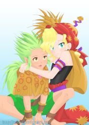 Rule 34 | 1boy, 1girl, ankle wrap, bare shoulders, barefoot, blonde hair, blue background, blue eyes, blush, bracelet, brown eyes, capelet, child, crouching, earrings, emblem, fang, final fantasy, final fantasy vi, full body, gau, green hair, green shorts, hat, highres, jewelry, looking at viewer, male focus, open mouth, pants, pointy ears, ponytail, red pants, relm arrowny, short hair, short hair with long locks, shorts, sidelocks, sitting, smile, solo, sparkle, strapless, tube top, watermark, yellow capelet