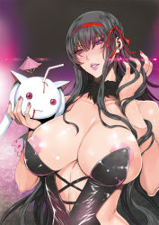 Rule 34 | 10s, 1girl, aged up, akemi homura, akuma homura, areola slip, bare shoulders, black hair, blood, blush, breasts, cleavage, drinking straw, earrings, eye contact, fei (maidoll), fingernails, fur, hair ribbon, highres, huge breasts, jewelry, kyubey, large areolae, large breasts, lips, lipstick, long hair, looking at another, looking at viewer, mahou shoujo madoka magica, mahou shoujo madoka magica: hangyaku no monogatari, makeup, nail polish, naughty face, nipples, pink nails, puffy nipples, purple eyes, purple lips, ribbon, smile, solo, spoilers