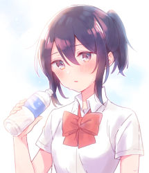 Rule 34 | 1girl, absurdres, adachi sakura, adachi to shimamura, alternate hairstyle, black hair, blush, bottle, bow, breasts, collared shirt, hair between eyes, hand up, highres, holding, holding bottle, parted lips, ponytail, purple eyes, red bow, shirt, sidelocks, small breasts, solo, sorimachi-doufu, sweat, upper body, white shirt