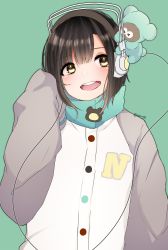 Rule 34 | &gt; &lt;, 1girl, :d, akabuchi megane, animal print, aqua scarf, bear, bear print, blunt bangs, blush, brown hair, buttons, commentary request, eyes visible through hair, green background, grey sleeves, headphones, highres, looking at another, open mouth, oversized clothes, pajamas, scarf, shirt, short hair, sidelocks, sleeves past fingers, sleeves past wrists, smile, solo, tanuqn, twitter username, very long sleeves, vocaloid, white shirt, yellow eyes, yumemi nemu (vocaloid)