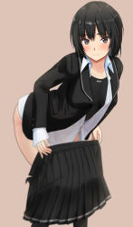 Rule 34 | 1girl, absurdres, amagami, black eyes, black hair, black jacket, black sailor collar, black skirt, black one-piece swimsuit, blazer, blouse, blurry, bob cut, brown background, collared shirt, competition swimsuit, depth of field, dress shirt, feet out of frame, highres, jacket, kibito high school uniform, leaning forward, nanasaki ai, one-piece swimsuit, pleated skirt, sailor collar, school uniform, shirt, short hair, simple background, skirt, solo, swimsuit, swimsuit under clothes, undressing, white shirt, yoo tenchi