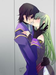 Rule 34 | 1boy, 1girl, 2017, black gloves, black sleeves, brown hair, c.c., code geass, couple, detached sleeves, eye contact, gloves, green hair, grey neckwear, hand on another&#039;s hip, highres, hug, imminent kiss, jacket, lelouch vi britannia, long hair, long sleeves, looking at another, parted lips, purple eyes, purple jacket, roman buriki, short shorts, shorts, signature, very long hair, white shorts, yellow eyes