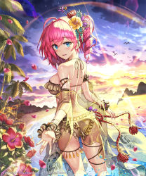 Rule 34 | 1girl, ahoge, animal, anklet, ass, bare shoulders, beach, bikini, bird, blue eyes, breasts, brown bikini, cloud, cloudy sky, dolphin, drill hair, flower, frilled bikini, frills, from behind, hair flower, hair ornament, halterneck, halterneck, hamahama, hibiscus, highres, jewelry, large breasts, lens flare, light rays, long hair, looking at viewer, looking back, official art, parted lips, petals, pink hair, ponytail, rope, scrunchie, see-through, sengoku enbu -kizna-, skindentation, sky, smile, solo, sun, sunbeam, sunlight, sunset, swimsuit, tassel, wading, water, watermark, wrist scrunchie