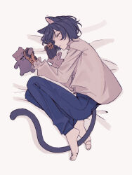 Rule 34 | 1boy, animal ear fluff, animal ears, barefoot, bed sheet, blue hair, blue pants, cat boy, cat ears, cat tail, closed eyes, cracked skin, facial mark, fetal position, frilled sleeves, frills, full body, highres, holding, holding stuffed toy, joints, kaito (vocaloid), long sleeves, lying, male focus, mechanical hands, on back, on side, pants, profile, project diva (series), prosthesis, prosthetic arm, prosthetic leg, puffy long sleeves, puffy sleeves, requiem (module), robot joints, shirt, short hair, sleeping, solo, soup dumplin, stuffed animal, stuffed cat, stuffed toy, tail, vocaloid, white background, white shirt