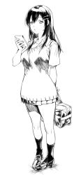 Rule 34 | 1girl, bag, cellphone, full body, greyscale, hair ornament, hairclip, hand up, highres, holding, holding bag, holding phone, loafers, long hair, looking at viewer, miniskirt, monochrome, original, parted lips, phone, pigeon-toed, pleated skirt, sage joh, school bag, school uniform, shirt, shoes, short sleeves, simple background, skirt, smartphone, socks, solo, standing, sweater vest, white background, white shirt, wing collar