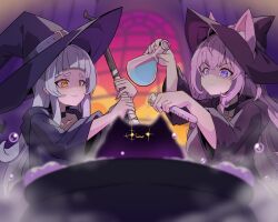 Rule 34 | 2girls, animal ear fluff, animal ears, blunt bangs, cauldron, choker, commentary, english commentary, flask, grey hair, hakui koyori, hat, holding, holding test tube, hololive, long hair, moral cacoethes, multiple girls, murasaki shion, pink hair, purple eyes, smile, test tube, virtual youtuber, witch hat, wolf ears, wolf girl, yellow eyes