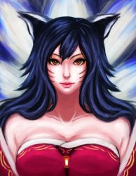 Rule 34 | 1girl, ahri (league of legends), animal ears, bare shoulders, blue eyes, breasts, cleavage, detached sleeves, facial mark, female focus, fox ears, ikhwan maulana, korean clothes, large breasts, league of legends, lips, long hair, looking at viewer, nose, portrait, realistic, red background, shadow, simple background, smile, solo, symmetry, whisker markings, white background