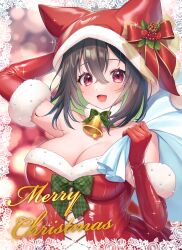 Rule 34 | 1girl, absurdres, animal hat, bell, black hair, blush, breasts, cleavage, crossed bangs, elbow gloves, fur-trimmed gloves, fur-trimmed headwear, fur collar, fur trim, gloves, hair between eyes, hat, highres, holding, holding sack, large breasts, looking at viewer, medium hair, merry christmas, neck bell, open mouth, original, red eyes, red gloves, red hat, sack, sakura chiyo (konachi000), santa hat, solo, upper body