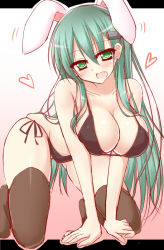 Rule 34 | 10s, 1girl, all fours, animal ears, bikini, black bikini, black thighhighs, blush, breasts, cleavage, fang, female focus, gradient background, green eyes, green hair, hair ornament, hairclip, kantai collection, large breasts, letterboxed, long hair, looking at viewer, matching hair/eyes, open mouth, rabbit ears, sakurapochi, side-tie bikini bottom, skindentation, smile, solo, suzuya (kancolle), swimsuit, thighhighs