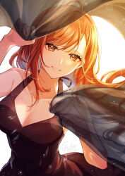 Rule 34 | 1girl, arisugawa natsuha, bare shoulders, black dress, breasts, brown eyes, cleavage, cocktail dress, commentary request, cowboy shot, curtain grab, curtains, dress, highres, idolmaster, idolmaster shiny colors, large breasts, long hair, looking at viewer, orange hair, parted lips, shinishi chiho, smile, solo, strapless, strapless dress