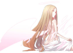 Rule 34 | 1girl, angel, angel notes, angel wings, bare back, bare shoulders, blonde hair, clothes lift, dress, halo, highres, long hair, looking at viewer, simple background, skirt, skirt hold, sundress, type-moon, v/v, very long hair, white background, white dress, wings, yellow eyes, yubeshi (zecxl)