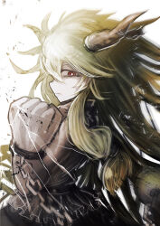Rule 34 | 1girl, blonde hair, bright pupils, brown horns, chain, clenched hand, commentary request, cowboy shot, denpa rasaito, from behind, gourd, grey skirt, hair between eyes, highres, horns, ibuki suika, long bangs, long hair, looking at viewer, looking back, messy hair, one-hour drawing challenge, red eyes, shirt, sidelocks, skirt, sleeveless, sleeveless shirt, sneer, solo, touhou, very long hair, white background, white pupils, white shirt