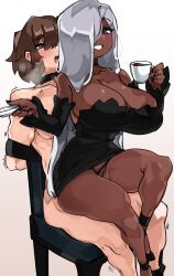 1boy 1girl ahegao bare_shoulders bdsm blue_eyes blush bondage bound breasts brown_hair chair clothed_female_nude_male cup dark-skinned_female dark_skin femdom grey_hair high_heels huge_breasts lady_magnolia_(trickstaboy) long_hair looking_back nails nude one_eye_covered open_mouth pussy_juice roy_(trickstaboy) saliva sex sitting sitting_on_person smile sweat teeth zanamaoria