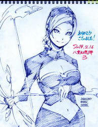 Rule 34 | 1girl, 2014, alternate costume, arrow (projectile), artist name, bow (weapon), braid, breasts, cleavage, cleavage cutout, clothing cutout, dated, hat, head tilt, large breasts, long hair, looking at viewer, midriff, monochrome, savan, sketch, smile, solo, touhou, weapon, yagokoro eirin