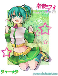 Rule 34 | 1girl, :d, alternate hairstyle, aqua eyes, aqua hair, evelyn adame, hatsune miku, headphones, jacket, jersey, jumping, midriff, navel, open mouth, project diva, project diva (series), project diva 2nd, signature, skirt, smile, solo, star (symbol), tennis, track jacket, vocaloid, yunare