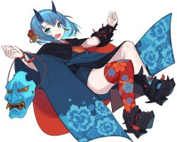 Rule 34 | 1girl, :d, black footwear, blue eyes, blue hair, blue horns, blue kimono, boots, chorefuji, fingernails, floral print, full body, horns, japanese clothes, kimono, long fingernails, looking at viewer, mask, oni mask, open mouth, original, pointy ears, red thighhighs, sharp fingernails, simple background, single thighhigh, smile, solo, thighhighs, white background