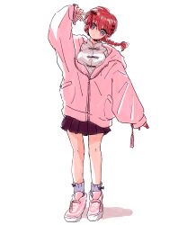 Rule 34 | absurdres, blue eyes, chinese clothes, full body, genderswap, genderswap (mtf), highres, jacket, oversized clothes, pleated skirt, ranma-chan, ranma 1/2, red hair, saotome ranma, shoes, simple background, skirt, tangzhuang