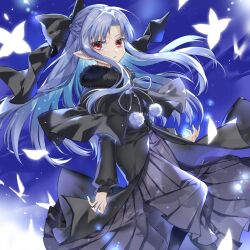 Rule 34 | 1girl, black bow, black capelet, black coat, blue hair, bow, capelet, coat, dress, floating hair, fur-trimmed capelet, fur trim, grey dress, hair bow, highres, kanai23831347, len (tsukihime), long dress, long hair, long sleeves, looking at viewer, open mouth, pleated dress, pointy ears, red eyes, solo, tsukihime, very long hair
