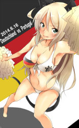 Rule 34 | 1girl, 2014 fifa world cup, amai nekuta, animal ears, arm up, bikini, breasts, cleavage, dated, fang, flag, flag print, front-tie top, german flag, german flag bikini, germany, green eyes, heinrike prinzessin zu sayn-wittgenstein, long hair, looking at viewer, navel, no toes, pom pom (cheerleading), soccer, solo, strike witches, swimsuit, tail, white bikini, world cup, world witches series