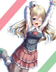Rule 34 | 10s, 1girl, arm behind head, armpits, arms up, ascot, bare shoulders, blonde hair, boots, braid, breasts, brown pantyhose, french braid, hat, italian flag, kantai collection, large breasts, long hair, long sleeves, mini hat, miniskirt, open mouth, pantyhose, purple eyes, shirt, skirt, smile, solo, takino yoshito, wavy hair, white shirt, zara (kancolle)