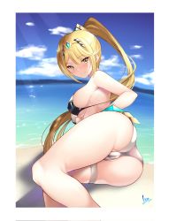 Rule 34 | 1girl, alternate costume, alternate hairstyle, bikini, blonde hair, breasts, cameltoe, cleft of venus, daive, headpiece, highres, large breasts, long hair, mythra (xenoblade), ponytail, solo, swept bangs, swimsuit, tiara, very long hair, xenoblade chronicles (series), xenoblade chronicles 2, yellow eyes