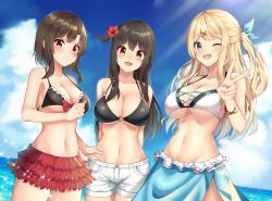 Rule 34 | 3girls, :d, ;d, absurdres, amagi korona, arms behind back, bare arms, bare shoulders, bikini, bikini skirt, bikini top only, black bikini, black hair, blonde hair, blue eyes, blue ribbon, blue sky, braid, breasts, brown hair, cleavage, closed mouth, cloud, cloudy sky, collarbone, commentary request, cowboy shot, day, flower, frills, front-tie bikini top, front-tie top, frown, hair flower, hair ornament, hair ribbon, hairclip, half updo, halterneck, highres, horizon, huge filesize, large breasts, layered skirt, long hair, looking at viewer, miniskirt, multiple girls, navel, o-ring, o-ring bikini, o-ring top, ocean, one eye closed, one side up, open mouth, original, outdoors, red eyes, red flower, red skirt, ribbon, sarong, short hair, short shorts, shorts, sidelocks, skirt, sky, smile, sparkle, standing, stomach, sunlight, swimsuit, white bikini, white shorts, x hair ornament