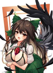 Rule 34 | 1girl, absurdres, ahoge, bird wings, black wings, blouse, bow, bra, breasts, brown hair, cleavage, collared shirt, feathered wings, feathers, frilled shirt collar, frilled skirt, frills, green bow, green skirt, hair bow, highres, hira-san, large breasts, long hair, puffy short sleeves, puffy sleeves, red eyes, reiuji utsuho, shirt, short sleeves, skirt, solo, third eye, touhou, underwear, white bra, white shirt, wings