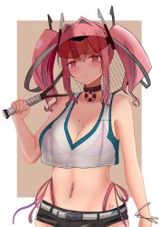 Rule 34 | 1girl, absurdres, arm at side, azur lane, bare arms, bare shoulders, bikini, blush, bracelet, breasts, bremerton (azur lane), bremerton (scorching-hot training) (azur lane), cleavage, commentary, cowboy shot, crop top, crop top overhang, denim, denim shorts, english commentary, eyewear on head, female focus, grey hair, hair between eyes, hair ornament, highleg, highleg bikini, highres, holding, holding racket, jewelry, large breasts, long hair, looking away, matching hair/eyes, midriff, mole, mole on breast, multicolored hair, navel, navel piercing, piercing, pink bikini, pink eyes, pink hair, racket, red-tinted eyewear, see-through, short shorts, shorts, sportswear, streaked hair, swimsuit, tennis racket, tinted eyewear, twintails, two-tone shirt, underboob, whin, x hair ornament