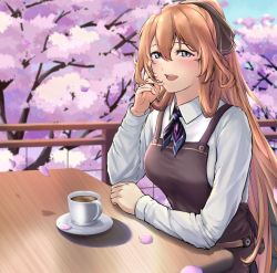 Rule 34 | 1girl, 3 small spiders, apron, blue eyes, blush, breasts, brown apron, brown ribbon, cherry blossoms, coffee, coffee cup, collared shirt, commentary request, cup, disposable cup, falling petals, girls&#039; frontline, hair ribbon, hand on own face, hand on table, highres, long hair, looking at viewer, medium breasts, open mouth, orange hair, outdoors, petals, ponytail, ribbon, shirt, sidelocks, sitting, smile, solo, springfield (girls&#039; frontline), table, tree, upper body, white shirt
