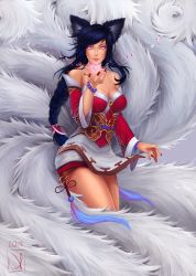 Rule 34 | 1girl, 2015, absurdres, ahri (league of legends), alternate eye color, animal ears, bare shoulders, bracelet, braid, breasts, cleavage, dated, detached sleeves, facial mark, fox ears, fox tail, glowing, glowing eyes, heart, highres, huge filesize, jewelry, korean clothes, large breasts, league of legends, long hair, looking at viewer, magic, multiple tails, nail polish, natalia krajewska, petals, pink eyes, purple hair, red nails, signature, single braid, skirt, slit pupils, solo, tail, whisker markings