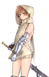 Rule 34 | 10s, 1boy, aran sweater, backless outfit, bad id, bad twitter id, blush, brown hair, cable knit, cowboy shot, gauntlets, gran (granblue fantasy), granblue fantasy, highres, male focus, meme attire, ribbed sweater, seho (kdldlcl), short hair, simple background, solo, sweater, sword, virgin killer sweater, weapon, white background