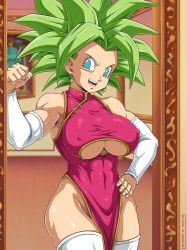 Rule 34 | 1girl, blue eyes, breasts, china dress, chinese clothes, cleavage cutout, clothing cutout, covered erect nipples, covered navel, dragon ball, dragon ball super, dress, earrings, green hair, highres, indoors, jewelry, kefla (dragon ball), muscular, muscular female, sano br, spiked hair, white legwear