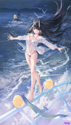 Rule 34 | 1girl, absurdres, animal, atdan, azur lane, bare legs, bare shoulders, barefoot, beach, bikini, bikini under clothes, bird, black bikini, black hair, breasts, buoy, chick, closed mouth, collarbone, feet, floating hair, full body, halterneck, halterneck, highres, horns, legs, long hair, long sleeves, looking at viewer, manjuu (azur lane), medium breasts, multi-strapped bikini, navel, night, no pants, noshiro (azur lane), off shoulder, oni horns, outdoors, outstretched arms, purple eyes, seagull, see-through, shirt, smile, solo, spread toes, standing, stomach, strap gap, string bikini, swimsuit, thighs, tiptoes, toes, very long hair, white shirt