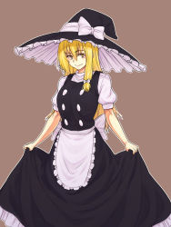 Rule 34 | 1girl, apron, black hat, black skirt, black vest, blonde hair, bow, breasts, brown background, buttons, closed mouth, cowboy shot, frilled hat, frills, hair between eyes, hair bow, hat, hat bow, highres, holding, holding clothes, holding skirt, kakone, kirisame marisa, long hair, medium breasts, petticoat, puffy short sleeves, puffy sleeves, shirt, short sleeves, simple background, skirt, smile, solo, standing, touhou, vest, waist apron, white apron, white bow, white shirt, witch hat, yellow eyes