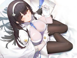 Rule 34 | 1girl, black hair, black pantyhose, blush, breasts, girls&#039; frontline, gloves, hairband, highres, holding, impossible clothes, isaka wasabi, large breasts, long hair, looking at viewer, non-web source, pantyhose, sitting, smile, solo, type 95 (girls&#039; frontline), uniform, very long hair, white gloves, yellow eyes
