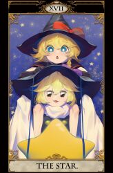 Rule 34 | 2girls, :3, beji-kun, black capelet, black eyes, black gloves, blonde hair, blue eyes, blush stickers, bow, braid, bright pupils, buttons, capelet, chestnut mouth, commentary request, cookie (touhou), gloves, hair bow, hat, hat bow, highres, kirisame marisa, looking at viewer, meguru (cookie), multiple girls, open mouth, purple bow, red bow, roman numeral, scarf, short hair, single braid, smile, star (symbol), tarot, tarot (medium), the star (tarot), thick eyebrows, touhou, upper body, white pupils, white scarf, witch hat, yuuhi (cookie)