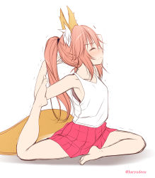 Rule 34 | 1girl, aged down, animal ear fluff, animal ears, bare arms, bare legs, barefoot, blush, breasts, collarbone, commentary request, closed eyes, fate/grand order, fate (series), feet, fox ears, fox girl, fox tail, haryuu (poetto), highres, long hair, pink hair, ponytail, profile, red skirt, simple background, skirt, small breasts, solo, stretching, tail, tamamo (fate), tamamo no mae (fate/extra), tank top, trembling, twitter username, white background, white tank top