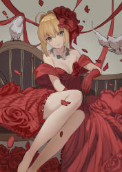 Rule 34 | 1girl, absurdres, ahoge, anouetto, bad id, bad pixiv id, bare shoulders, bird, blonde hair, bow, braid, breasts, cleavage, dove, dress, fate/extra, fate (series), flower, french braid, gloves, green eyes, hair bow, hair bun, hair flower, hair intakes, hair ornament, highres, large breasts, legs, long hair, looking at viewer, nero claudius (fate), nero claudius (fate) (all), nero claudius (fate/extra), official alternate costume, petals, red dress, red gloves, red ribbon, ribbon, rose, single hair bun, sitting, solo, thighs