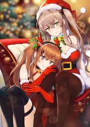 Rule 34 | 2girls, absurdres, belt, black pantyhose, black thighhighs, blurry, blurry background, blush, breasts, brown hair, brown legwear, christmas tree, dress, fake antlers, fur-trimmed dress, fur trim, girls&#039; frontline, gloves, hair between eyes, hair ornament, hairclip, has bad revision, has downscaled revision, highres, light brown hair, long hair, looking at viewer, md5 mismatch, multiple girls, noixen, one side up, pantyhose, red dress, resolution mismatch, santa costume, scar, scar across eye, scar on face, smile, source smaller, thighhighs, twintails, ump45 (girls&#039; frontline), ump9 (girls&#039; frontline), yellow eyes