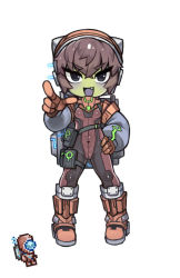Rule 34 | 1girl, :d, alien, black bodysuit, bodysuit, boots, breasts, brown bodysuit, brown hair, colored skin, creature and personification, crossed bangs, detached sleeves, fang, full body, gloves, green skin, grey sleeves, hair between eyes, hand on own hip, knee boots, long sleeves, looking at viewer, martian officer, multicolored bodysuit, multicolored clothes, no nose, nyong nyong, open mouth, orange footwear, orange gloves, puffy long sleeves, puffy sleeves, reference inset, short hair, simple background, small breasts, smile, solo, standing, terraria, thigh strap, tsurime, v-shaped eyebrows, white background