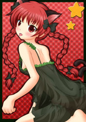 Rule 34 | 1girl, animal ears, black panties, blush, braid, breasts, cat ears, cat girl, cat tail, dress, extra ears, female focus, framed, green dress, green skirt, hair ribbon, highres, kaenbyou rin, medium breasts, multiple tails, neats, nekomata, no bra, off shoulder, open mouth, outside border, oversized clothes, panties, red eyes, red hair, red panties, ribbon, side-tie panties, sideboob, skirt, solo, star (symbol), tail, tongue, tongue out, touhou, twin braids, twintails, underwear