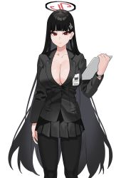 Rule 34 | 1girl, absurdres, black hair, black jacket, black suit, blue archive, breasts, cleavage, fffukuzawa, formal, hair ornament, hairclip, halo, highres, holding, holding tablet pc, id card, jacket, large breasts, long hair, looking at viewer, miniskirt, pantyhose, pleated skirt, red eyes, rio (blue archive), skirt, solo, standing, suit, tablet pc, very long hair, watch, white background