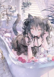 Rule 34 | 1girl, all fours, animal ear fluff, animal ears, bathtub, black bra, black hair, black negligee, black panties, bra, breasts, candle, cat ears, cat girl, cat tail, cleavage, downblouse, faucet, flower, hair ribbon, hanging breasts, highres, lace, lace-trimmed bra, lace-trimmed panties, lace trim, long hair, looking at viewer, medium breasts, onineko, original, panties, parted lips, pink flower, pink rose, plant, potted plant, ribbon, rose, see-through, shower head, slit pupils, solo, spaghetti strap, strap slip, tail, two side up, underwear, white flower, white rose, window blinds