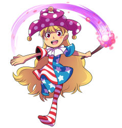 Rule 34 | 1girl, :d, american flag dress, american flag legwear, american flag shirt, blonde hair, blush stickers, clownpiece, collar, dress, eyebrows, fire, frilled shirt collar, frills, full body, hat, jester cap, leg up, long hair, looking at viewer, mary cagle, neck ruff, open mouth, outstretched arms, outstretched hand, pantyhose, red eyes, short sleeves, simple background, smile, solo, striped clothes, striped pantyhose, torch, touhou, very long hair, white background