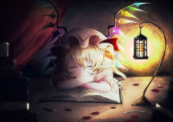 Rule 34 | 1girl, blonde hair, book, candle, candlelight, closed eyes, closed mouth, commentary request, crossed arms, crystal, curtains, dark, flandre scarlet, fleuriste, hair between eyes, hat, hat ribbon, indoors, lamppost, mob cap, on book, one side up, open book, petals, puffy short sleeves, puffy sleeves, red ribbon, ribbon, rose petals, shirt, short sleeves, sidelighting, sitting, sleeping, sleeping upright, solo, touhou, white hat, white shirt, wings